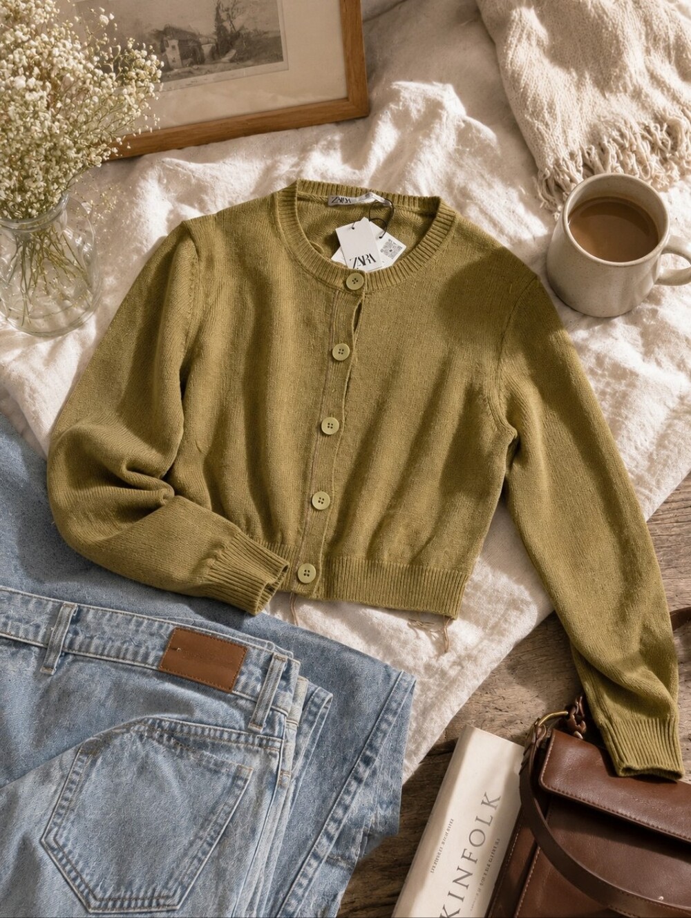 Title: Zara NWT Cropped Knit Cardigan Sweater Camel Tan Drawstring Hem Size L